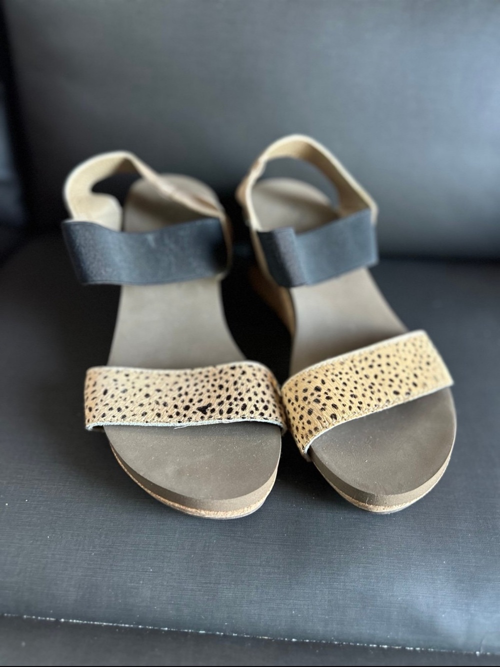 Corkys Women's Wedge Sandals in Black and Tan Spotted